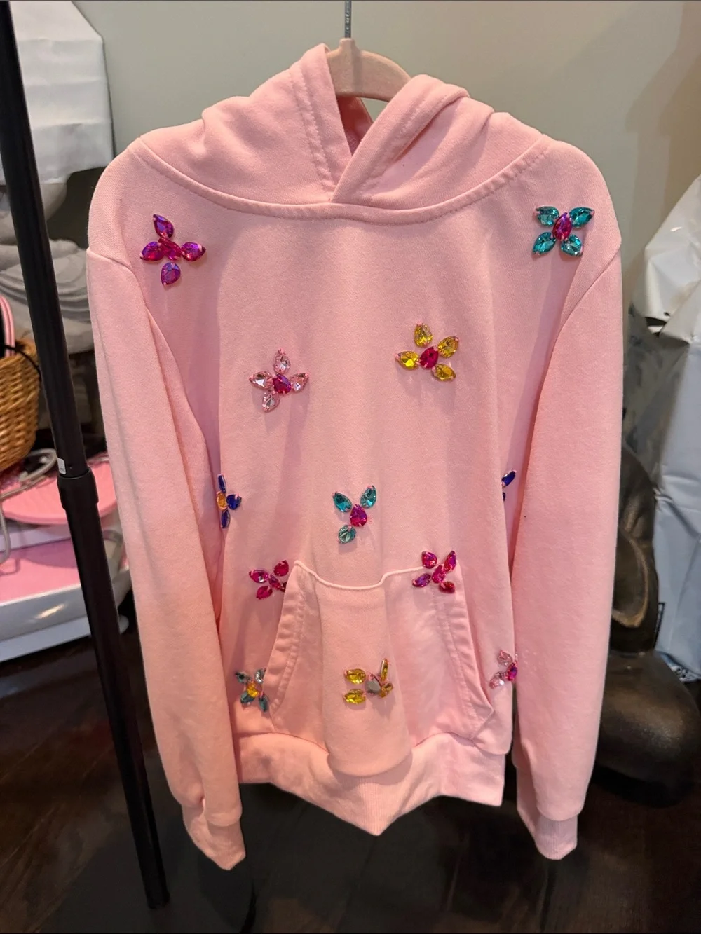 Lola + The Boys Pink Hoodie with Multicolor Gem Flowers